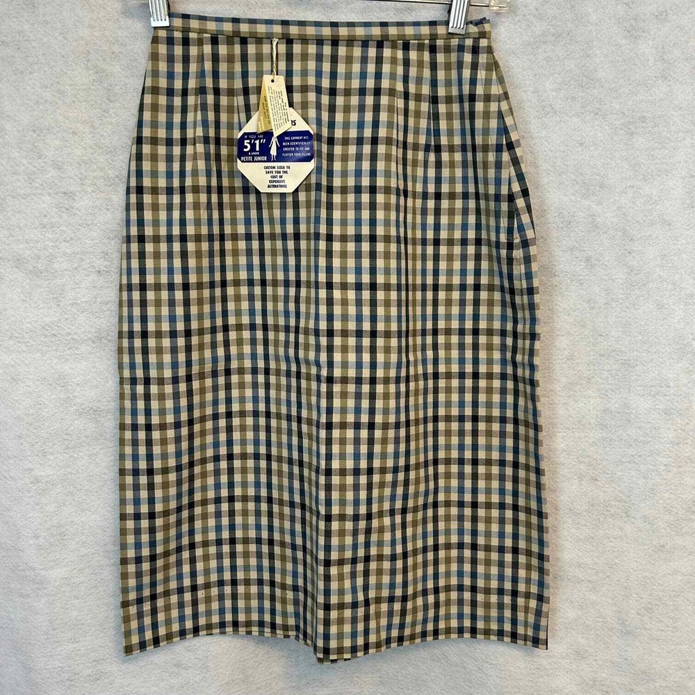 Vintage Petite Juniors Pencil Skirt 11 Blue Green Gingham NWT Talon Zip